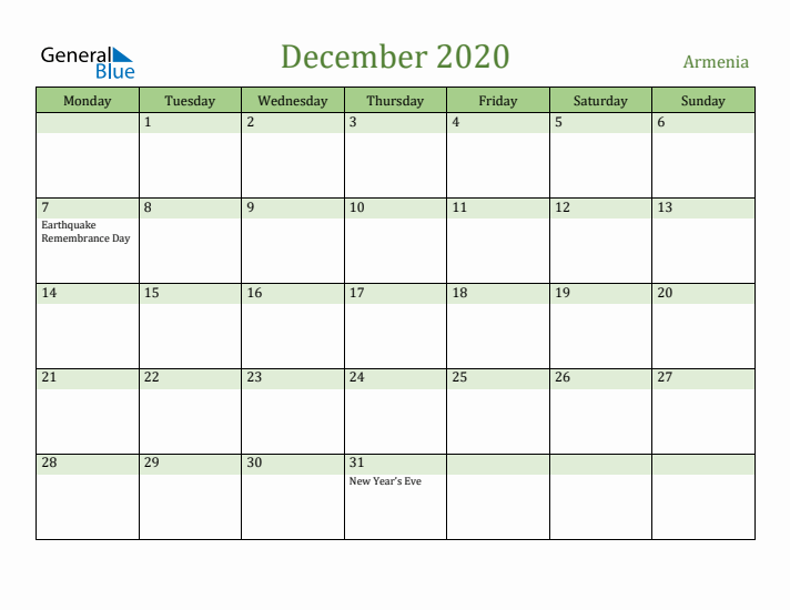 December 2020 Calendar with Armenia Holidays