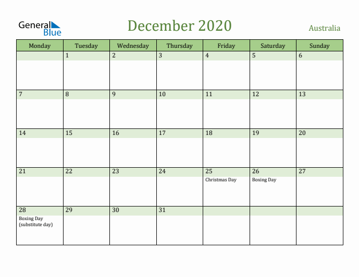 December 2020 Calendar with Australia Holidays