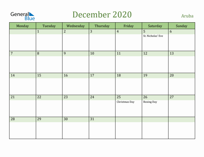 December 2020 Calendar with Aruba Holidays