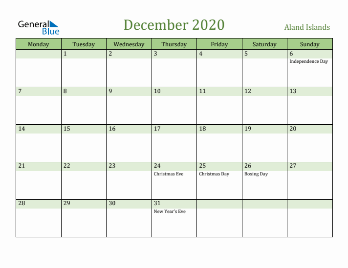 December 2020 Calendar with Aland Islands Holidays