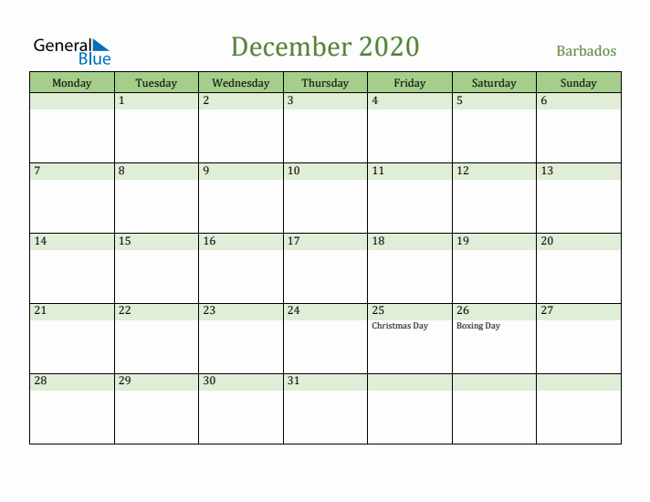 December 2020 Calendar with Barbados Holidays