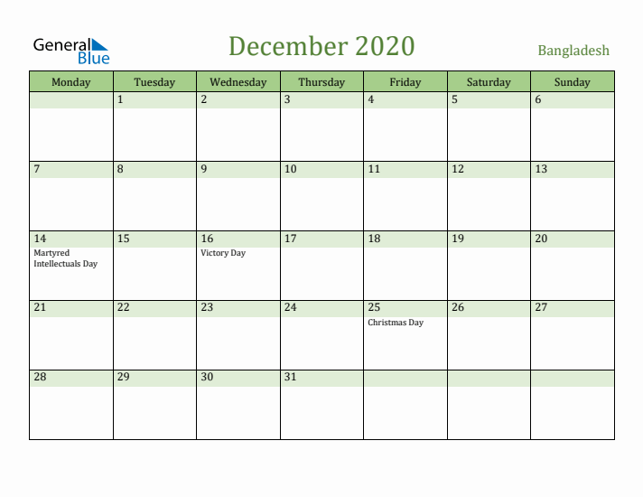 December 2020 Calendar with Bangladesh Holidays