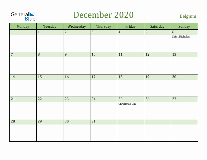 December 2020 Calendar with Belgium Holidays