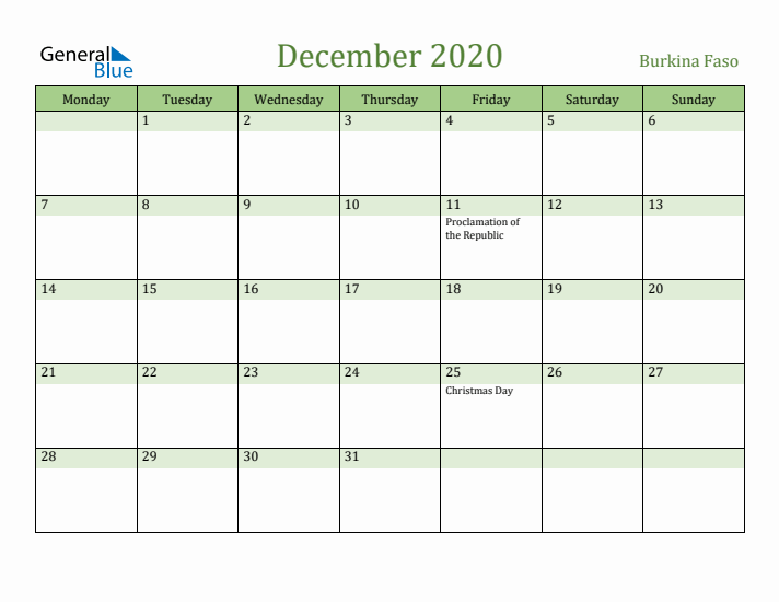 December 2020 Calendar with Burkina Faso Holidays