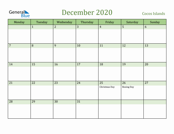 December 2020 Calendar with Cocos Islands Holidays