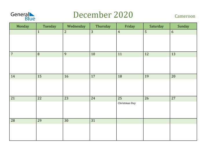 December 2020 Calendar with Cameroon Holidays