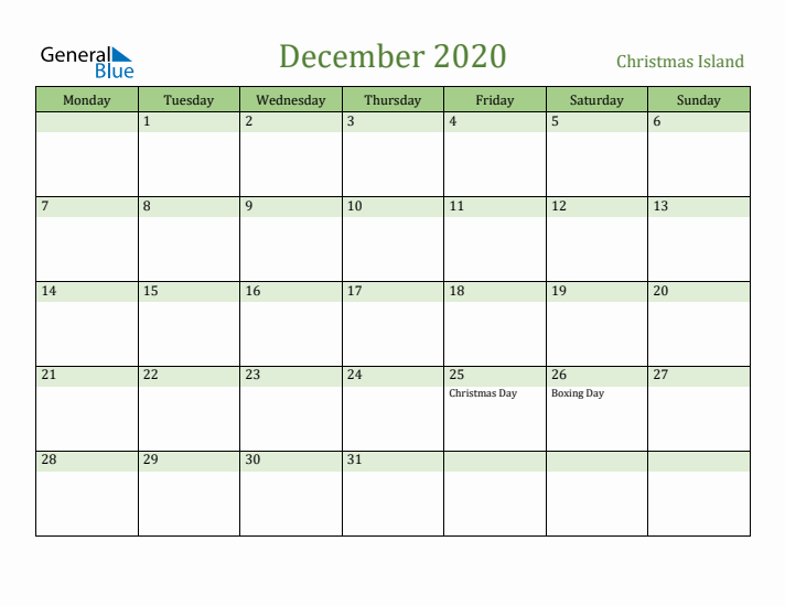 December 2020 Calendar with Christmas Island Holidays