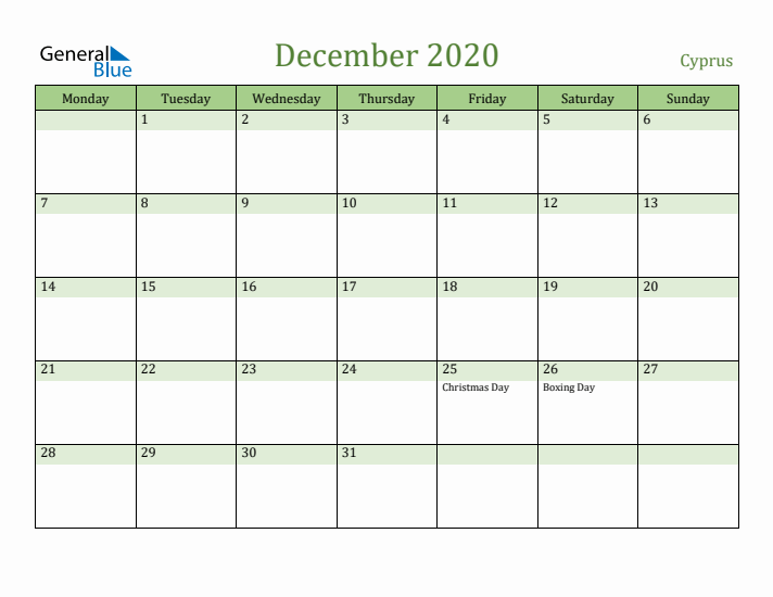 December 2020 Calendar with Cyprus Holidays
