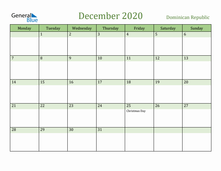 December 2020 Calendar with Dominican Republic Holidays