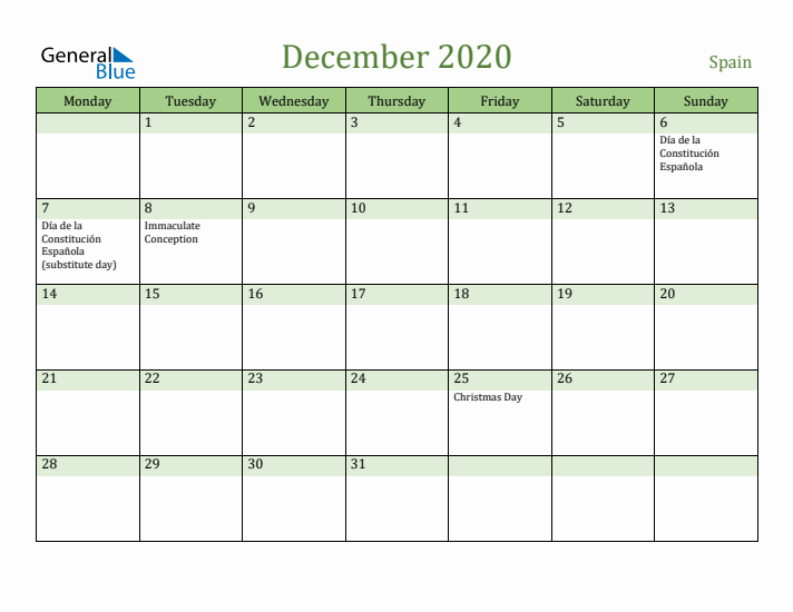 December 2020 Calendar with Spain Holidays