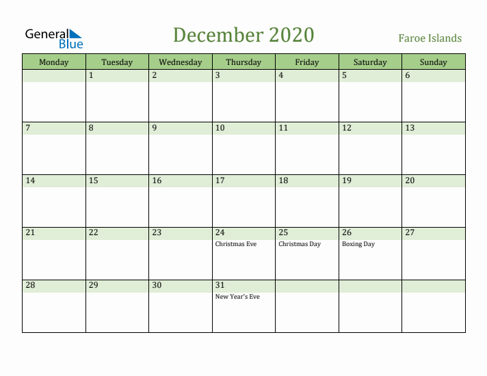 December 2020 Calendar with Faroe Islands Holidays
