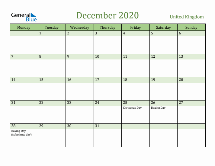 December 2020 Calendar with United Kingdom Holidays