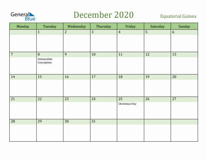 December 2020 Calendar with Equatorial Guinea Holidays