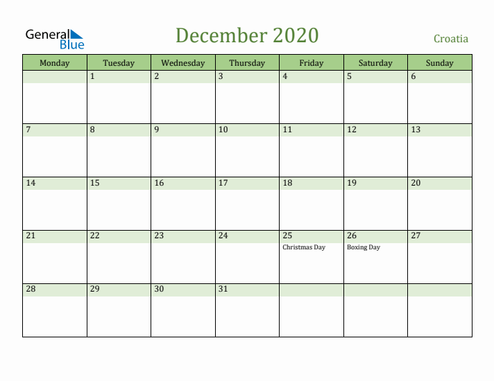 December 2020 Calendar with Croatia Holidays