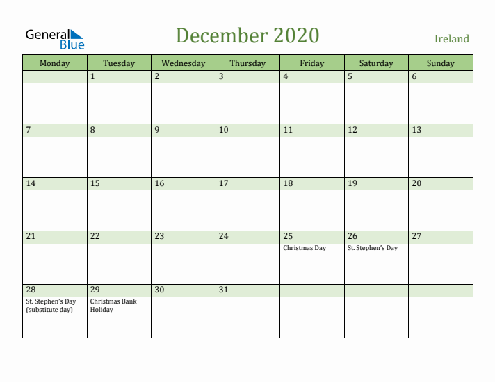 December 2020 Calendar with Ireland Holidays
