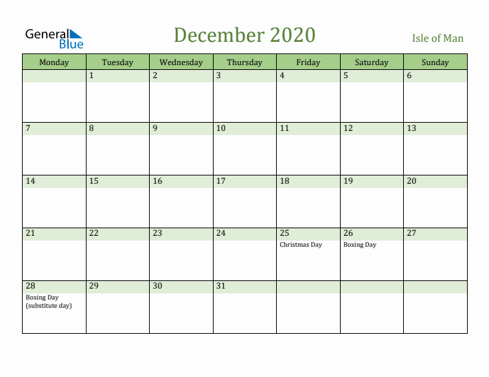 December 2020 Calendar with Isle of Man Holidays