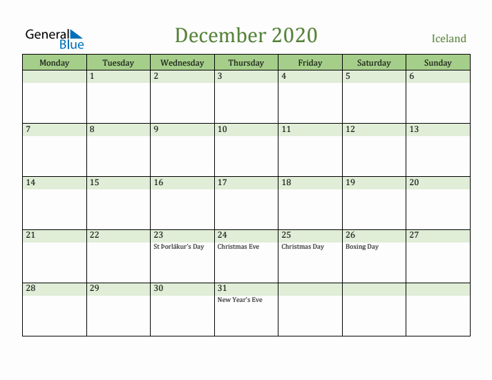 December 2020 Calendar with Iceland Holidays
