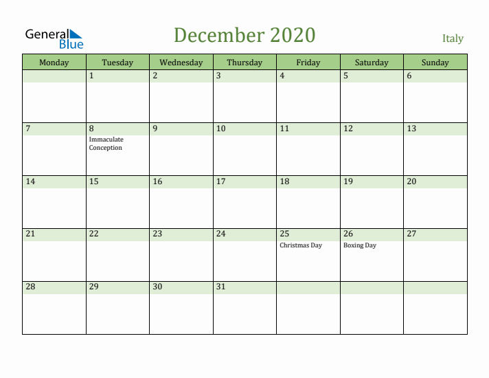 December 2020 Calendar with Italy Holidays