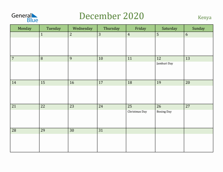 December 2020 Calendar with Kenya Holidays