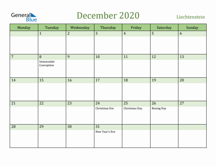 December 2020 Calendar with Liechtenstein Holidays