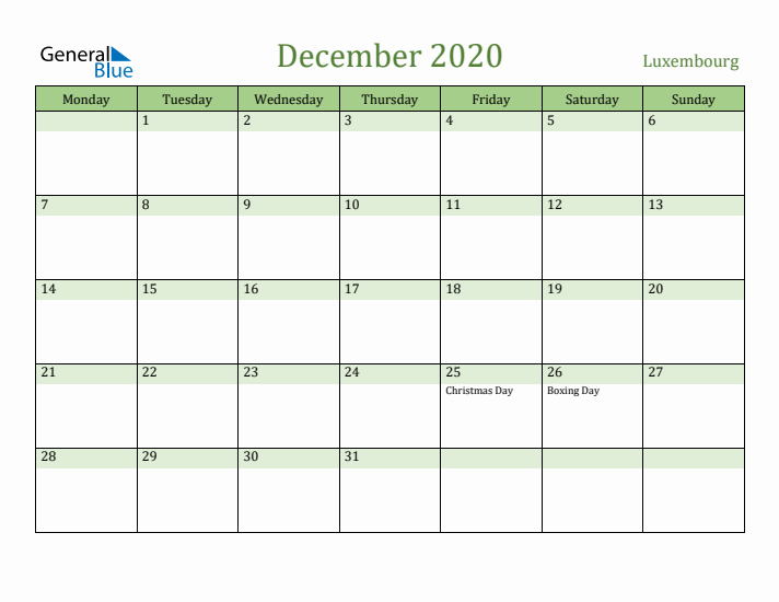 December 2020 Calendar with Luxembourg Holidays
