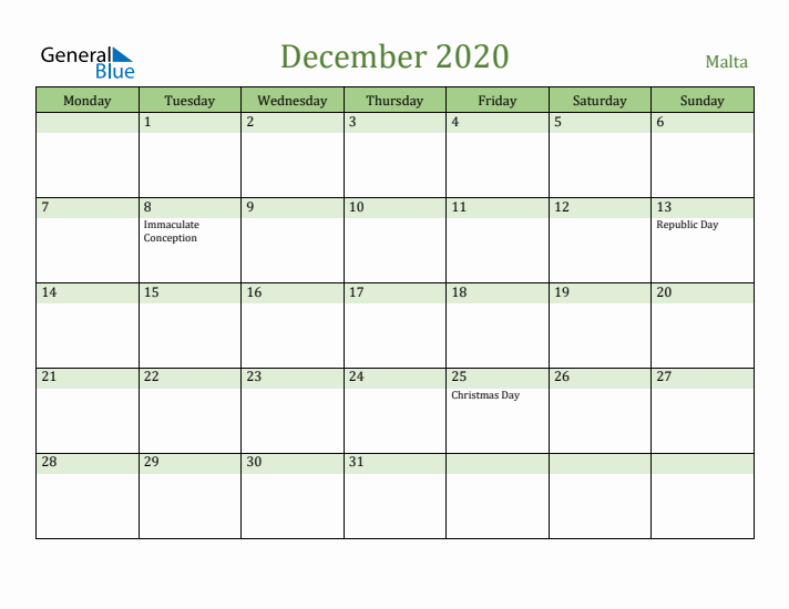 December 2020 Calendar with Malta Holidays