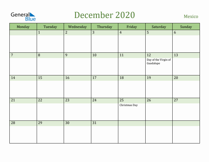 December 2020 Calendar with Mexico Holidays