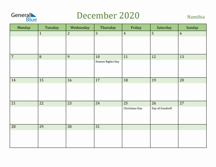 December 2020 Calendar with Namibia Holidays