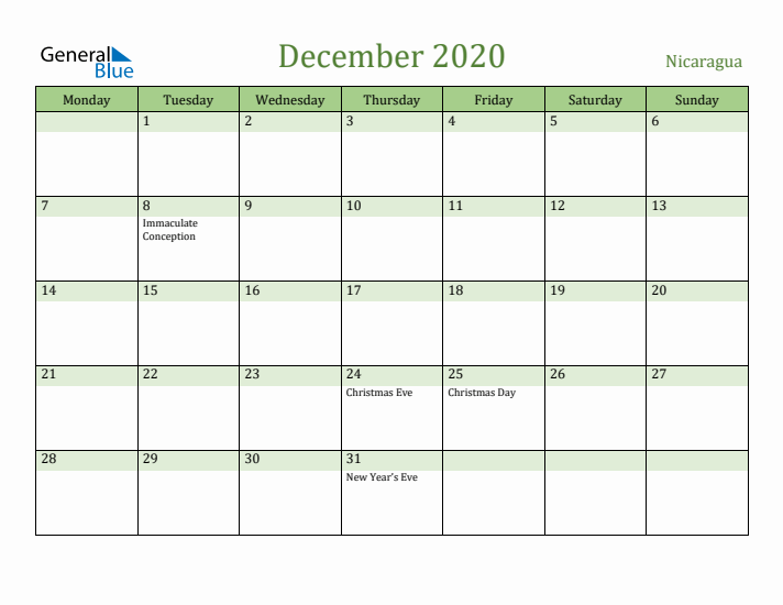 December 2020 Calendar with Nicaragua Holidays