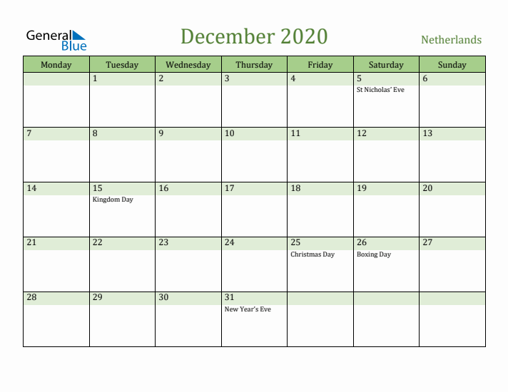 December 2020 Calendar with The Netherlands Holidays