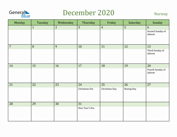 December 2020 Calendar with Norway Holidays