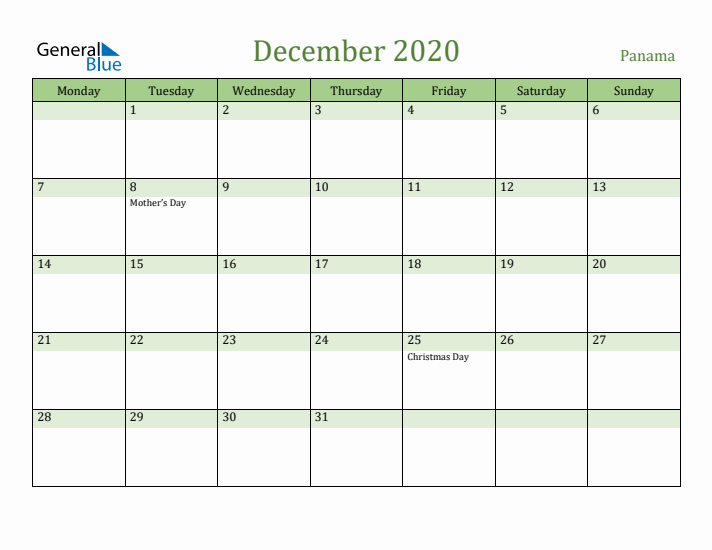 December 2020 Calendar with Panama Holidays