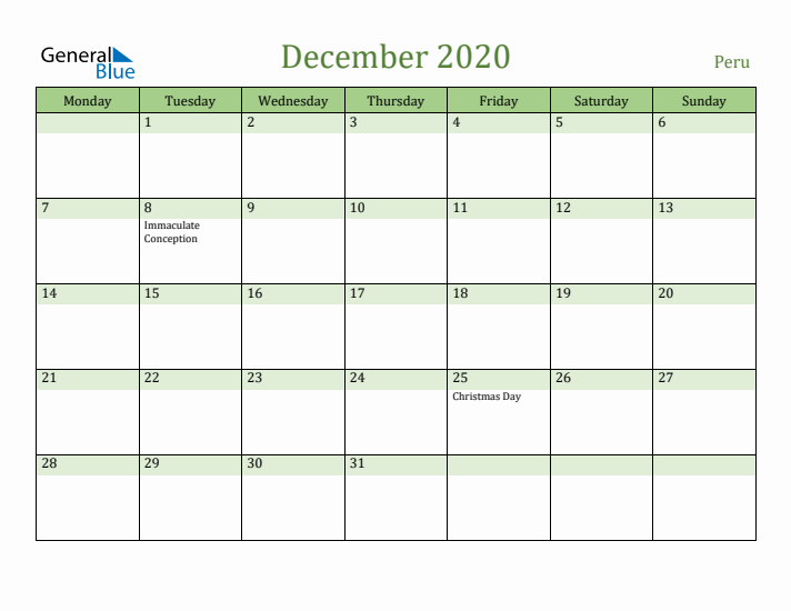 December 2020 Calendar with Peru Holidays