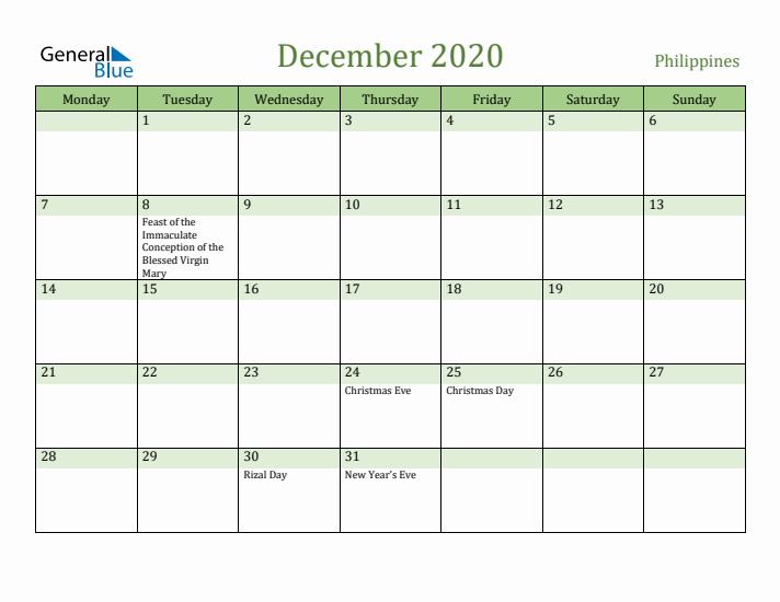 December 2020 Calendar with Philippines Holidays