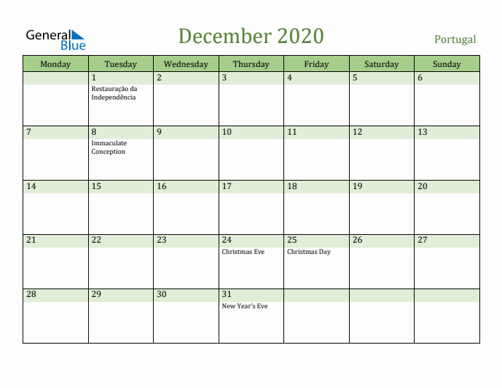 December 2020 Calendar with Portugal Holidays
