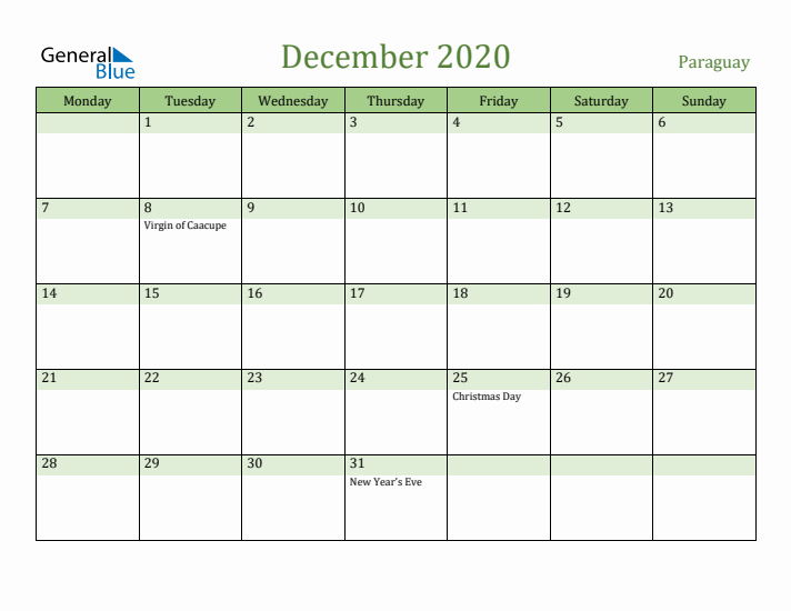 December 2020 Calendar with Paraguay Holidays