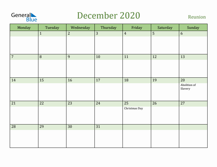 December 2020 Calendar with Reunion Holidays