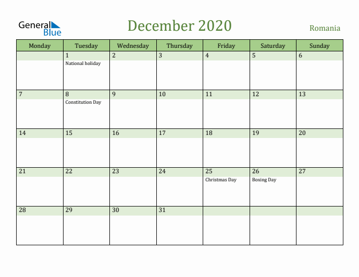 December 2020 Calendar with Romania Holidays