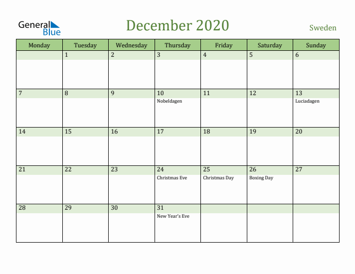 December 2020 Calendar with Sweden Holidays