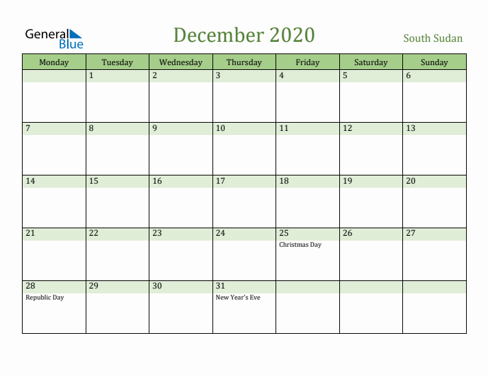 December 2020 Calendar with South Sudan Holidays