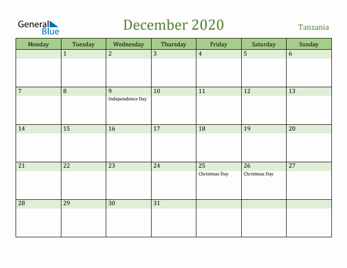December 2020 Calendar with Tanzania Holidays