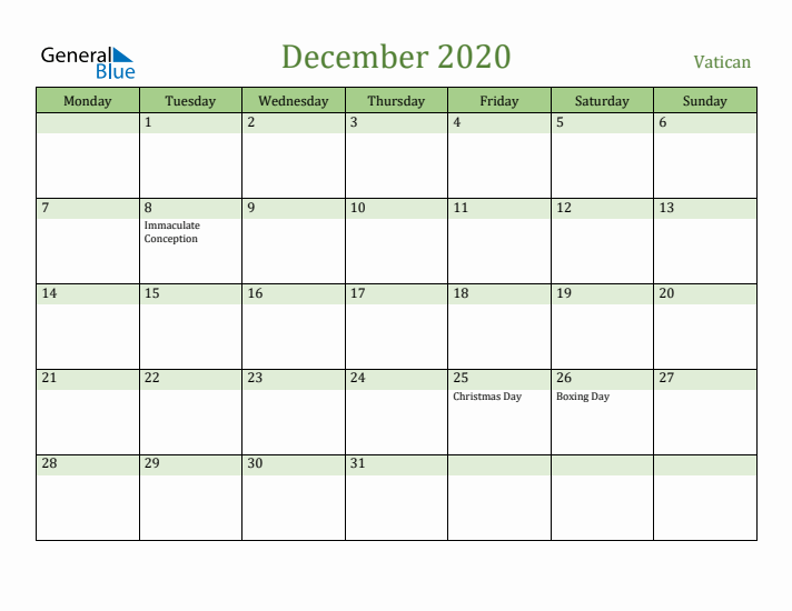 December 2020 Calendar with Vatican Holidays