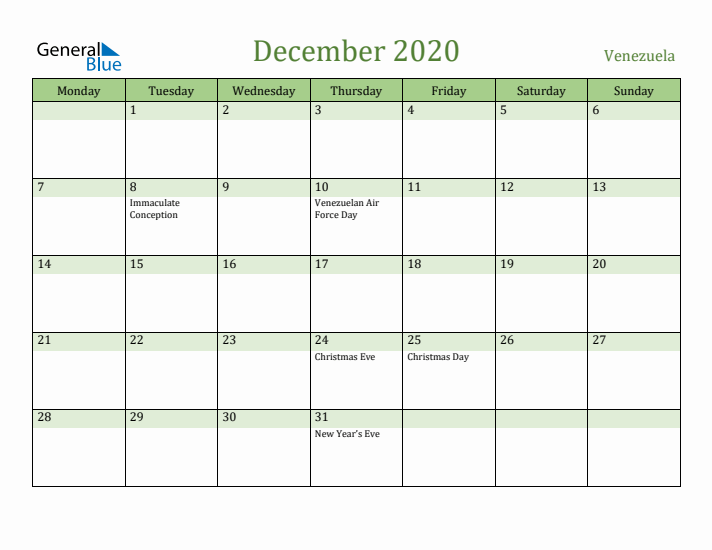 December 2020 Calendar with Venezuela Holidays