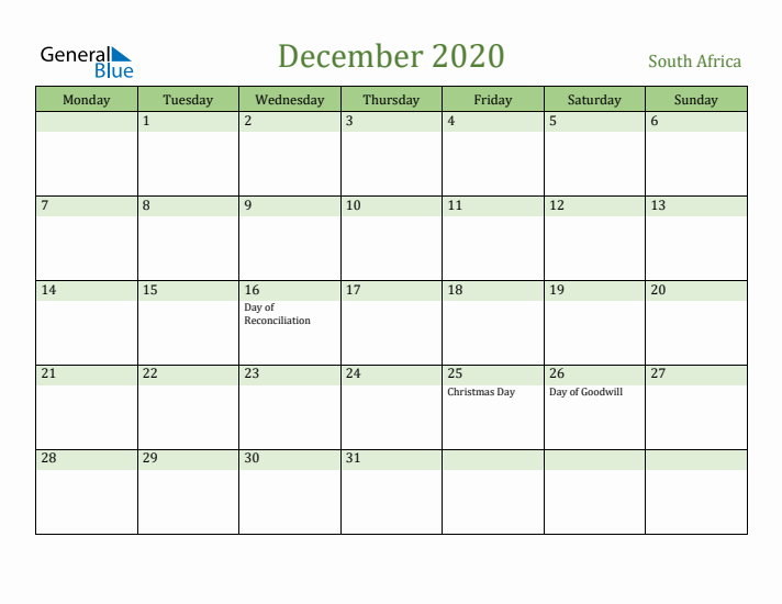 December 2020 Calendar with South Africa Holidays