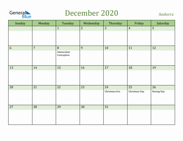 December 2020 Calendar with Andorra Holidays