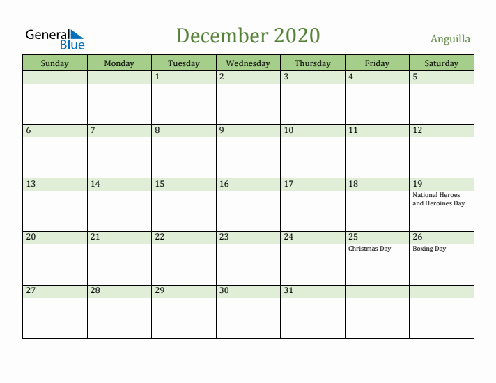 December 2020 Calendar with Anguilla Holidays