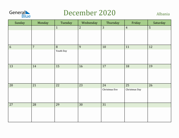December 2020 Calendar with Albania Holidays