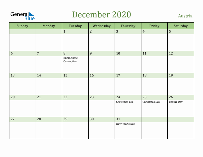 December 2020 Calendar with Austria Holidays