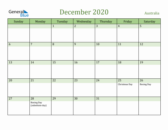 December 2020 Calendar with Australia Holidays