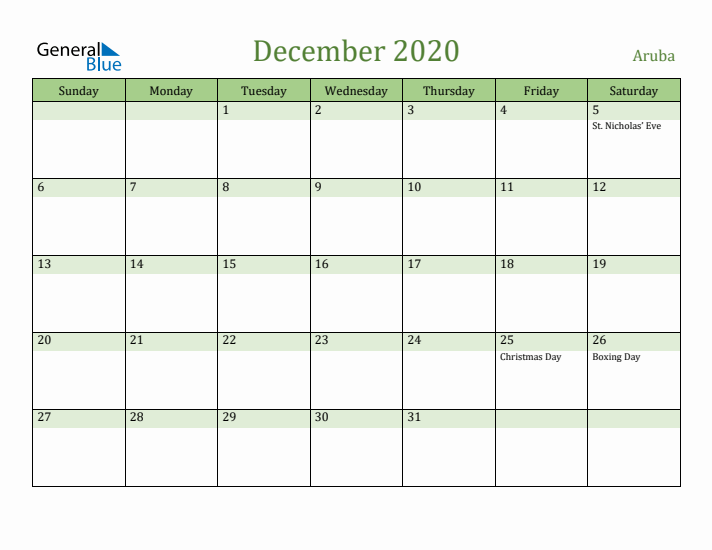 December 2020 Calendar with Aruba Holidays